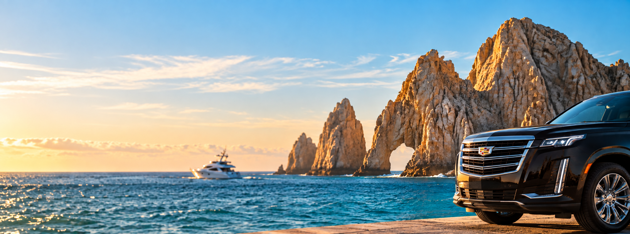 A black luxury SUV beside El Arco in Cabo San Lucas